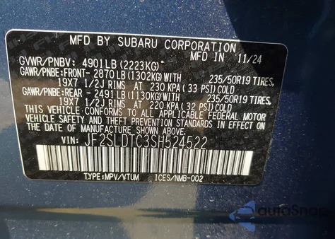 2025 Subaru Forester Touring z USA, uszkodzony, nr VIN JF2SLDTC3SH524522